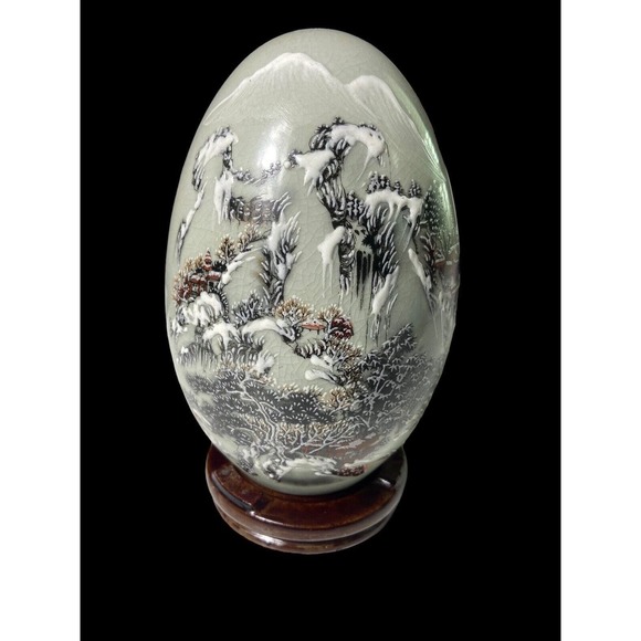 Asian Art & Stone Blue Eggs Hand Painted Waterfall Forest & Fisherman WithStands - Picture 7 of 13
